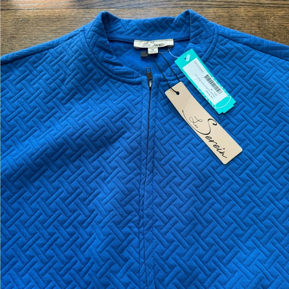 Les Serein Megan Quilted Knit Bomber Jacket Blue Textured Drawstring Size M NWT - Picture 6 of 6